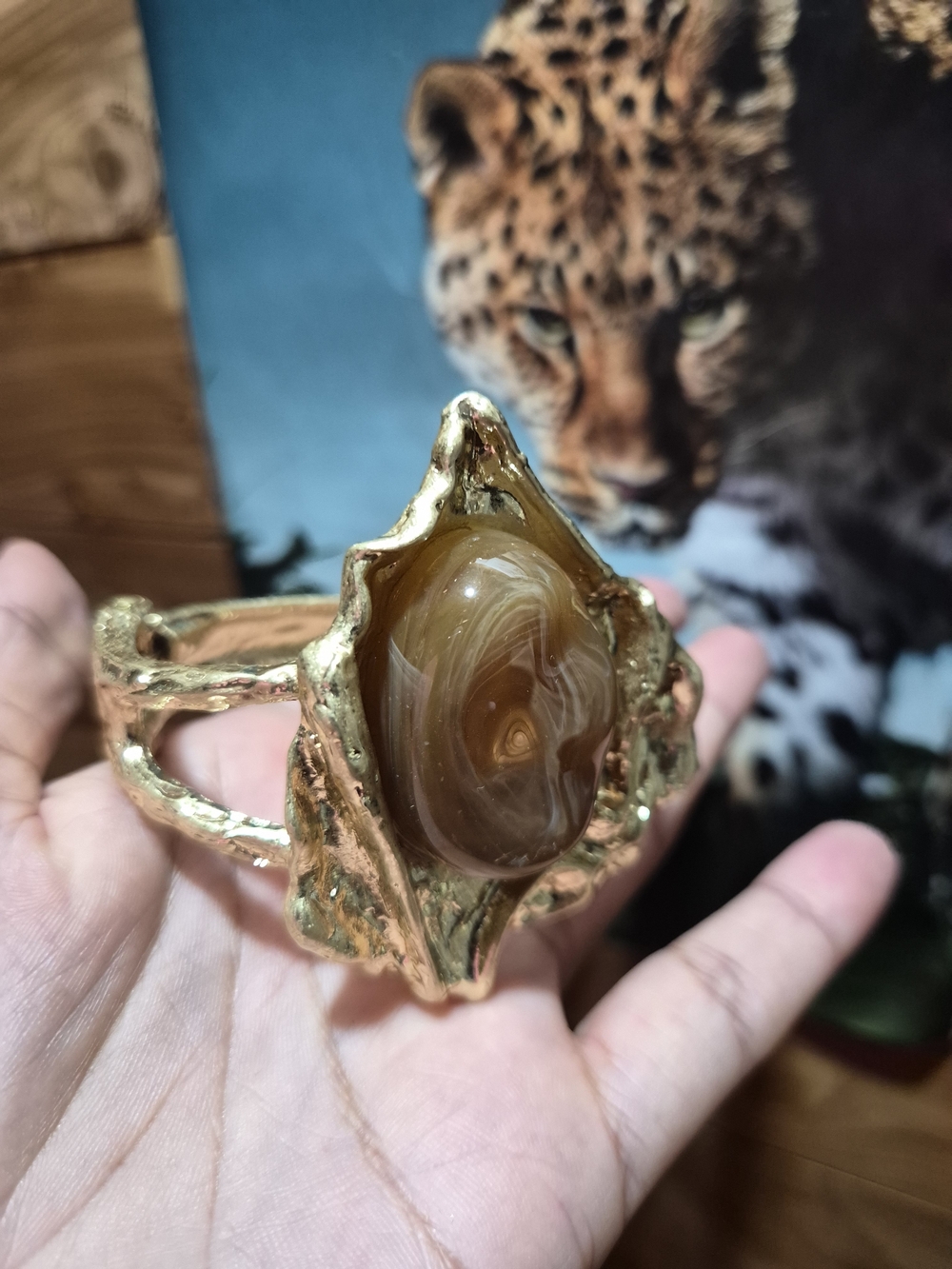 Gold-Tone Tan Brown Agate Statement Cuff Bracelet